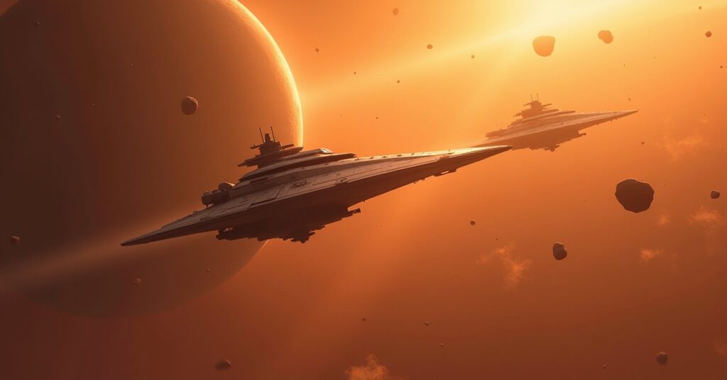 A starship meeting an augment vessel above an orange planet in Star Trek Fleet Command