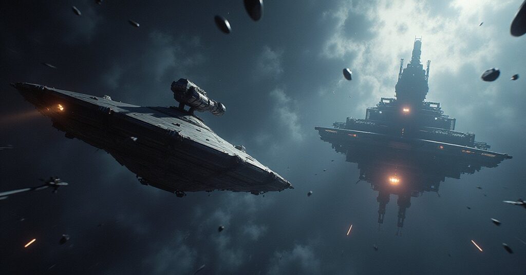 A starship acting as bait near a peace summit station with ships hidden in asteroids in Star Trek Fleet Command