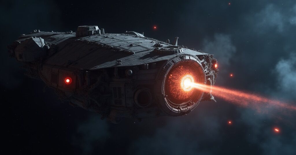 A starship pulling a glowing data core from a wrecked Klingon warship in Star Trek Fleet Command