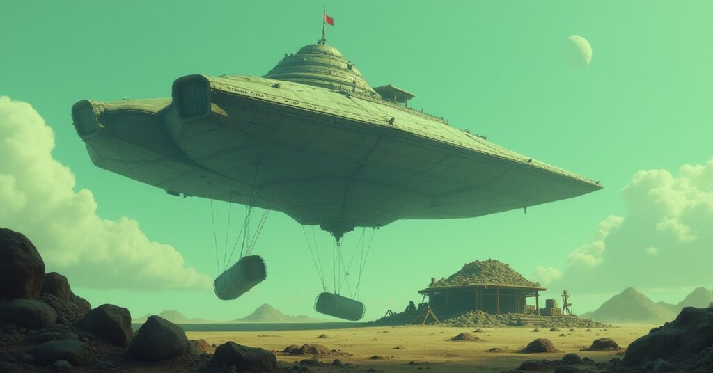 A starship delivering building supplies to a small refugee sanctuary on a green planet in Star Trek Fleet Command