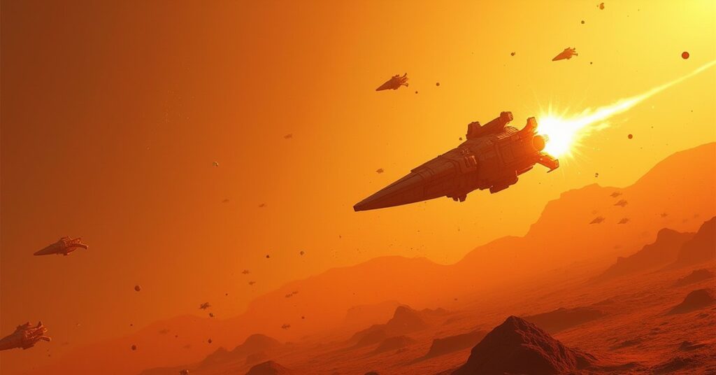 A starship fighting a swarm of Nausicaan and Pakled ships over an orange planet in Star Trek Fleet Command