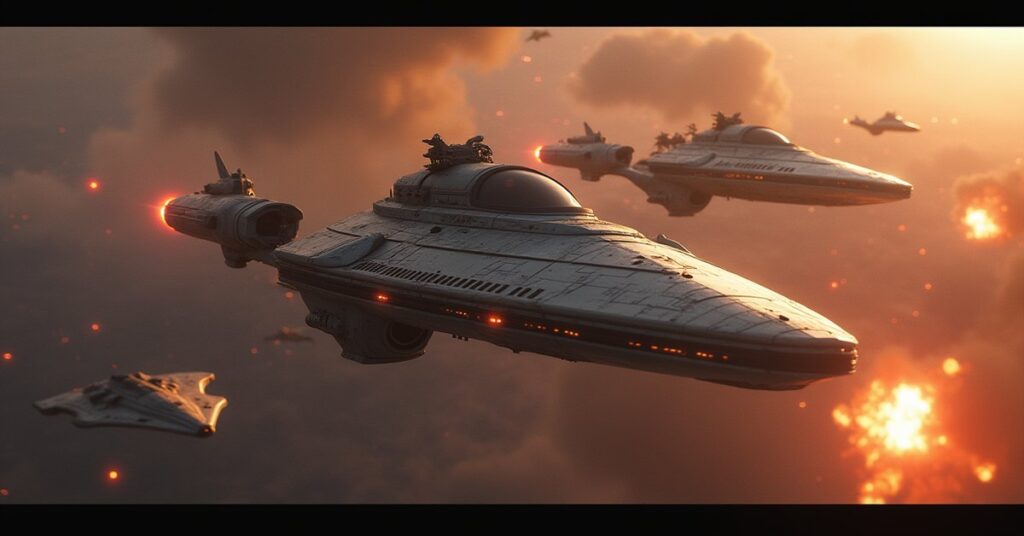Klingon ships charging a Federation convoy as Romulan ships decloak in Star Trek Fleet Command