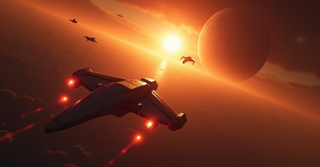 Stolen shuttle fleeing a resort planet with a Starfleet ship in orbit and Klingon and Romulan ships closing in