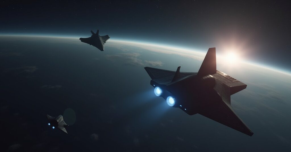 A small starship covertly scanning a Federation outpost with a Klingon ship in the distance in Star Trek Fleet Command