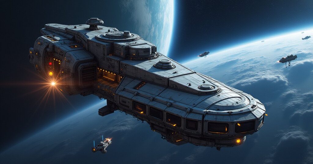 Construction drones expand a science laboratory module on an orbital starbase in Star Trek Fleet Command