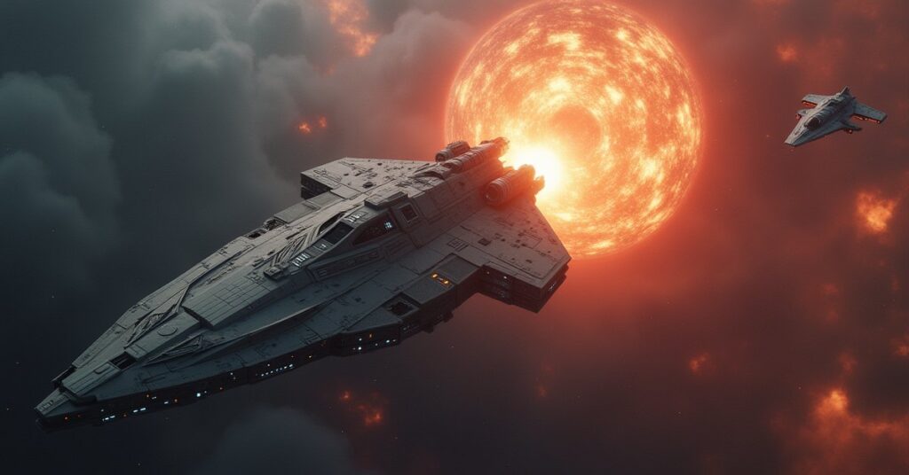 A Klingon science vessel deploys a prototype probe into a swirling gas cloud