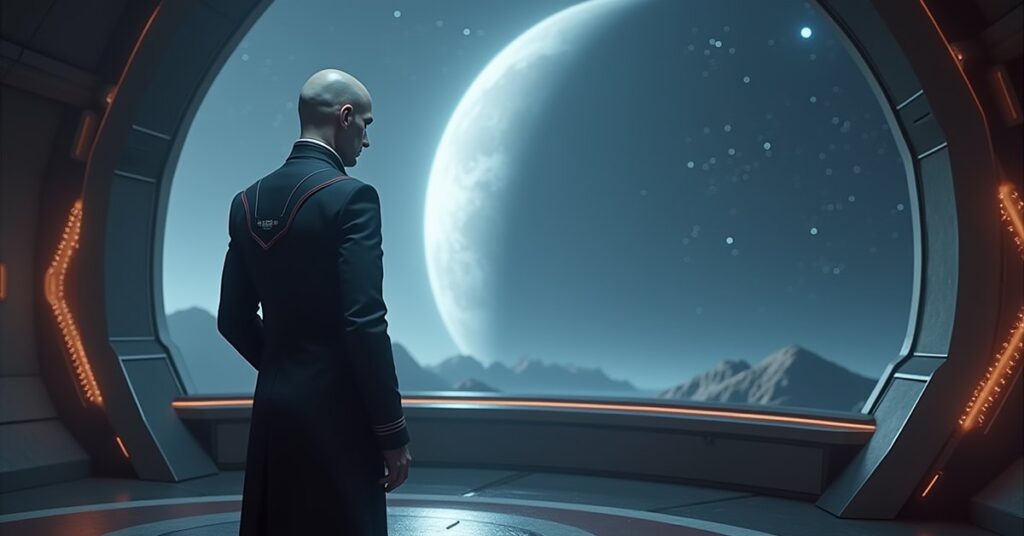 A Vulcan instructor on a starbase observation deck in Star Trek Fleet Command