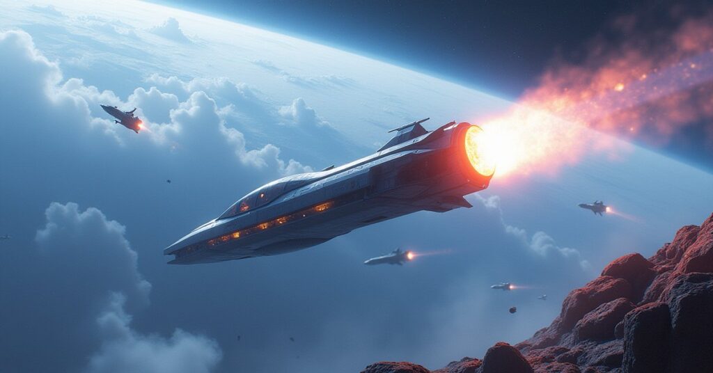 A starship recovering a glowing energy manifold from wreckage near a planet in Star Trek Fleet Command