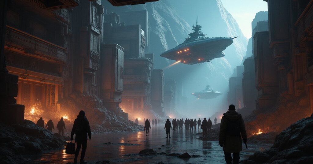 Mercenary ships gathered at a frontier station as an Augment cruiser approaches in Star Trek Fleet Command