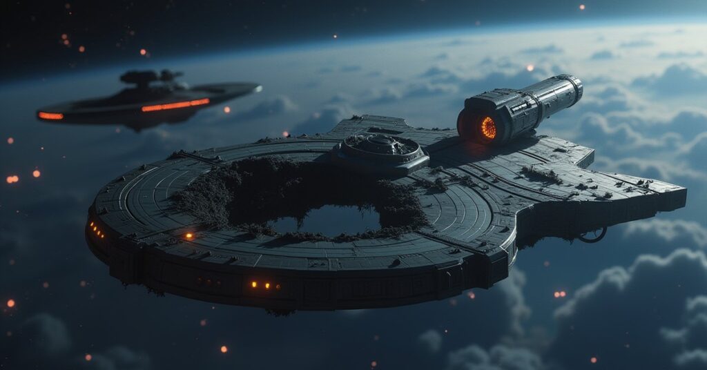 A starship approaching the wreckage of a destroyed Starfleet vessel in Star Trek Fleet Command
