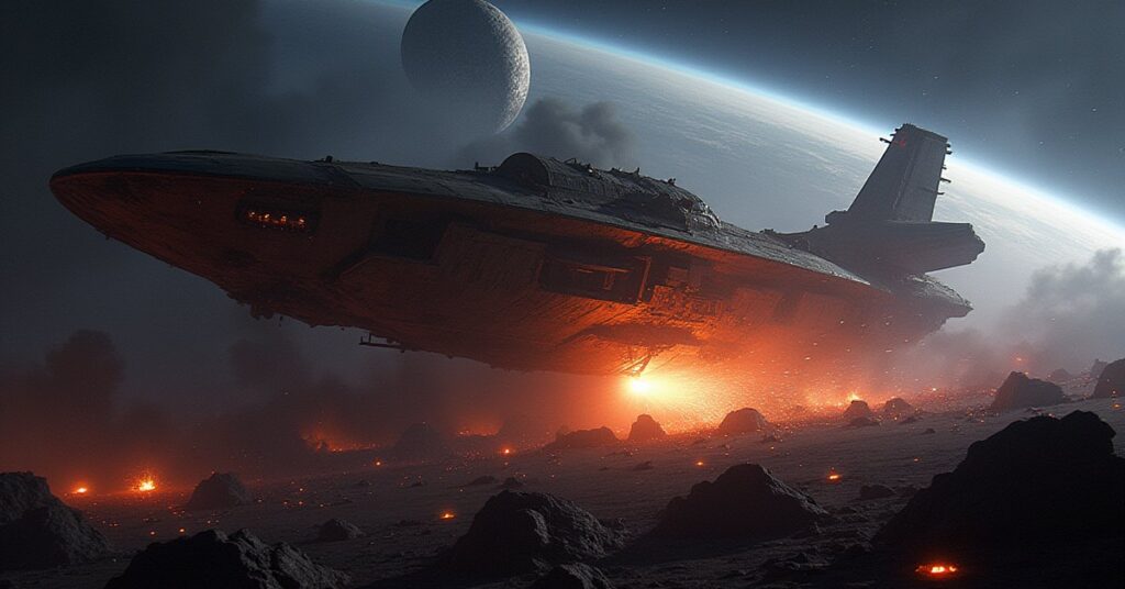 An orbital scrapyard cuts apart old starship hulls beside a glowing space station