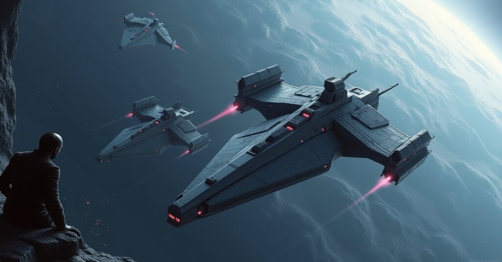 Reman training ships spar with a starship above a dark planet in Star Trek Fleet Command
