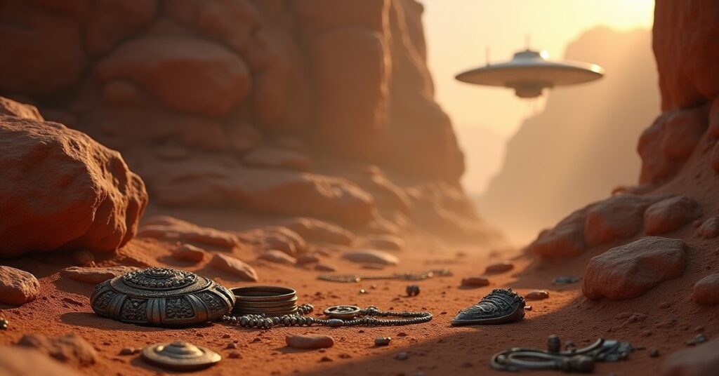Ancient artifacts laid out at an alien dig site under a hovering starship in Star Trek Fleet Command