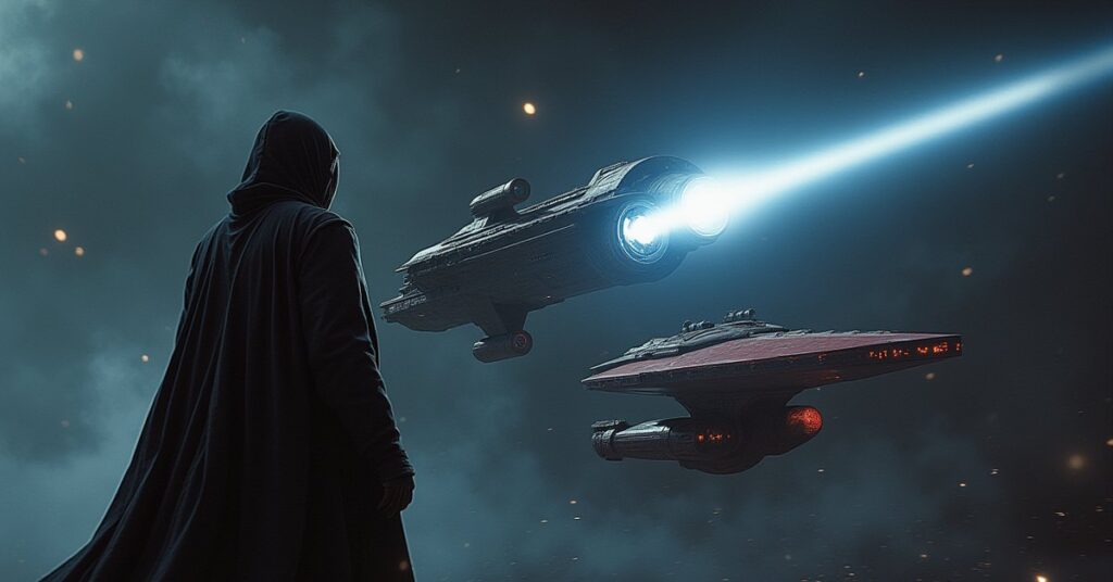 A Romulan warbird decloaking beside two ships in Star Trek Fleet Command