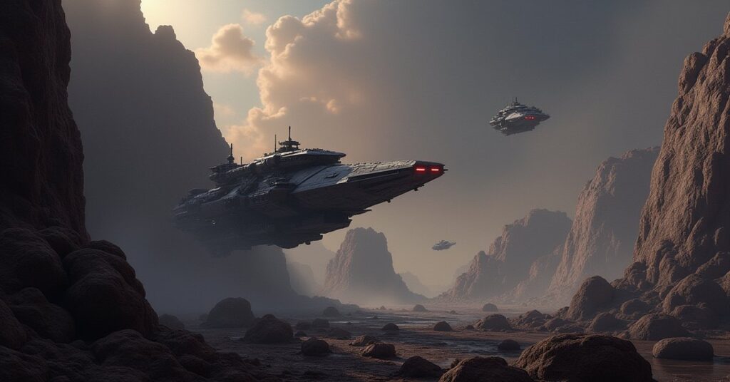 A starship patrolling a mining system as pirate ships emerge from asteroids in Star Trek Fleet Command
