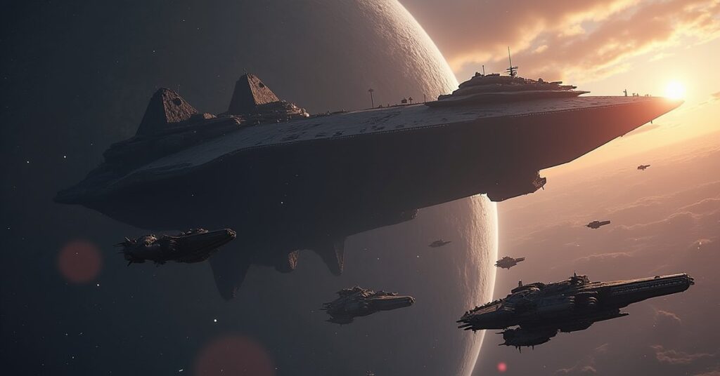 A Federation dreadnought looms over a gas giant where Klingon ships hide in Star Trek Fleet Command