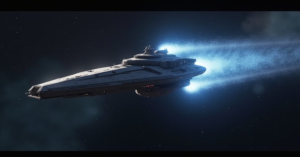 A starship tracing a signal beside a glitching holographic duplicate in Star Trek Fleet Command