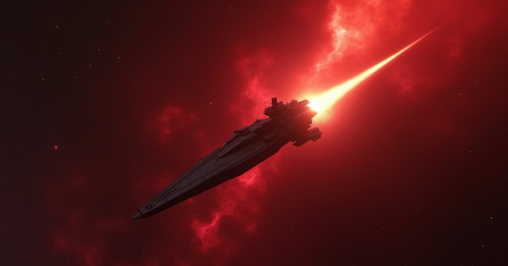 A warship chasing a smaller ship through a red nebula in Star Trek Fleet Command