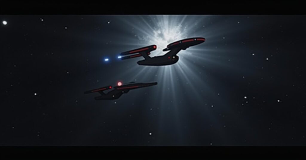 The Enterprise-E and another starship entering a dark matter nebula as Freedom Faction ships emerge