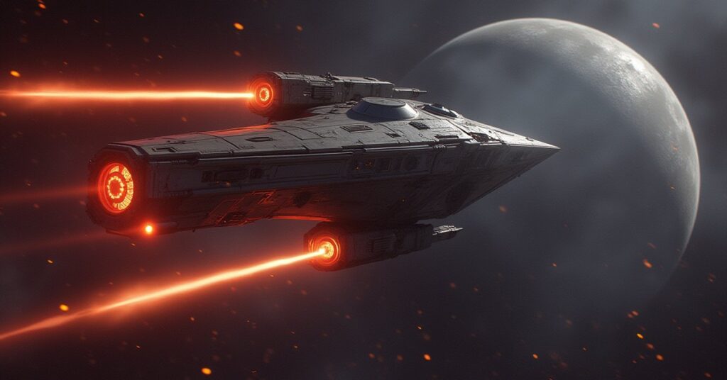 A starter starship intercepting a Nausicaan raider near a small space station in Star Trek Fleet Command