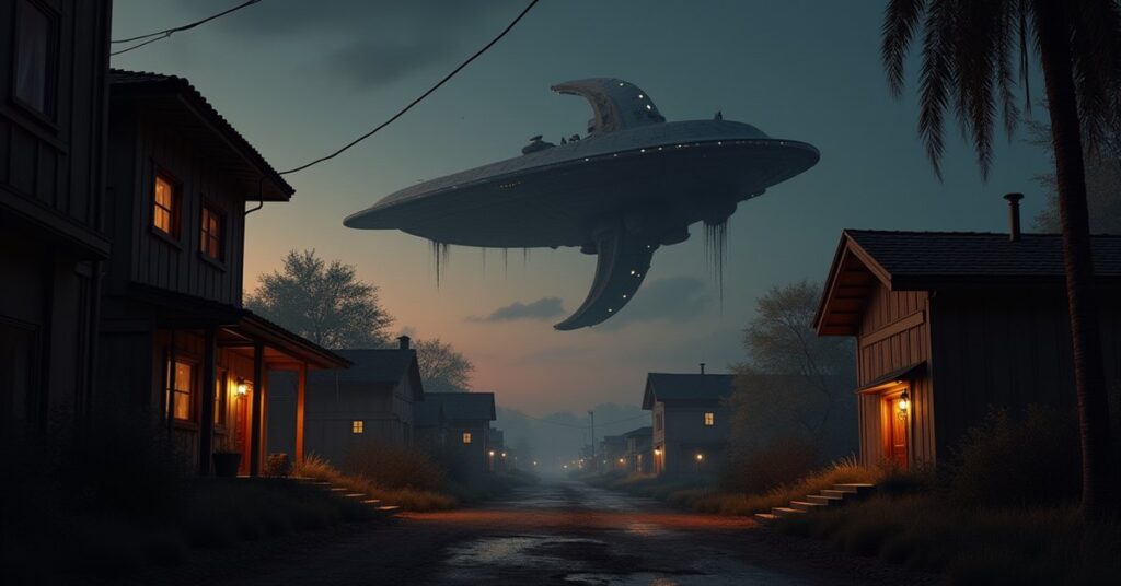 A creditor's ship hovering over a crowded Romulan city at dusk in Star Trek Fleet Command