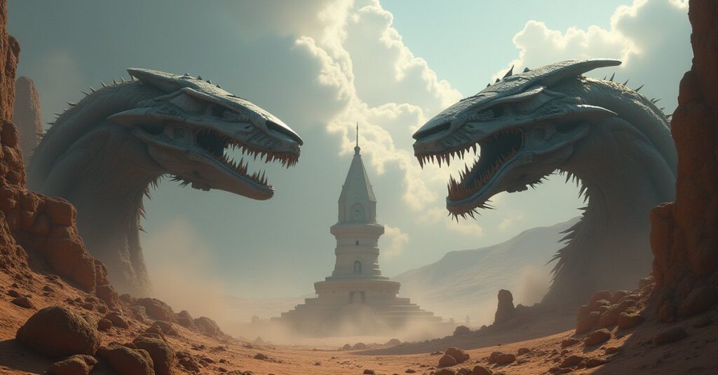 Vulcan and Andorian ships facing each other above a heritage site in Star Trek Fleet Command