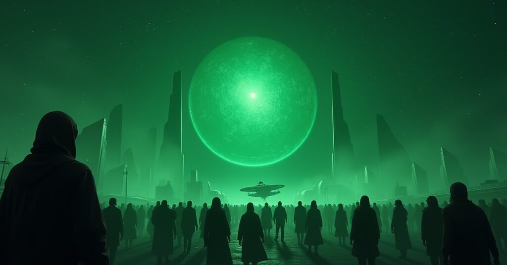 A starship waiting beside a green-lit Orion Syndicate auction station in Star Trek Fleet Command