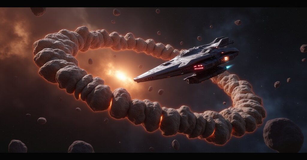 A Klingon-aligned warship dueling a Federation interceptor inside an asteroid ring in Star Trek Fleet Command