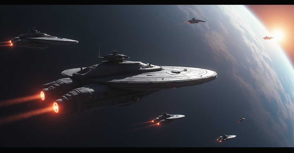 A Federation starship chasing a mercenary vessel past decoy ships near a ringed planet in Star Trek Fleet Command