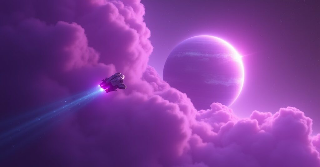 A Federation science ship collecting a glowing gas sample from a violet gas giant in Star Trek Fleet Command