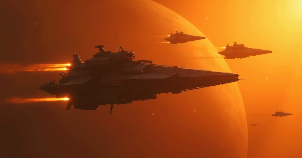 Khan's Augment warship and escorts attacking a starship in an amber star system in Star Trek Fleet Command