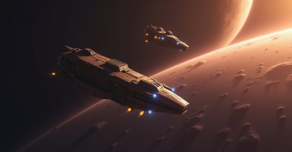 Two starships approaching a drifting colonist ship near a colony world in Star Trek Fleet Command