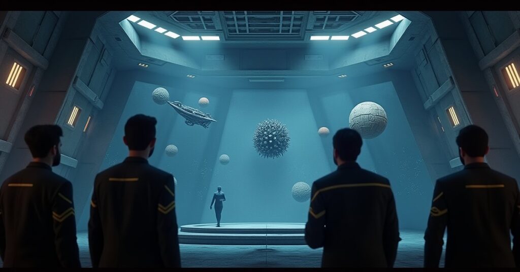 A holodeck simulation of a Jem'Hadar ship, Borg cube and bioship in Star Trek Fleet Command