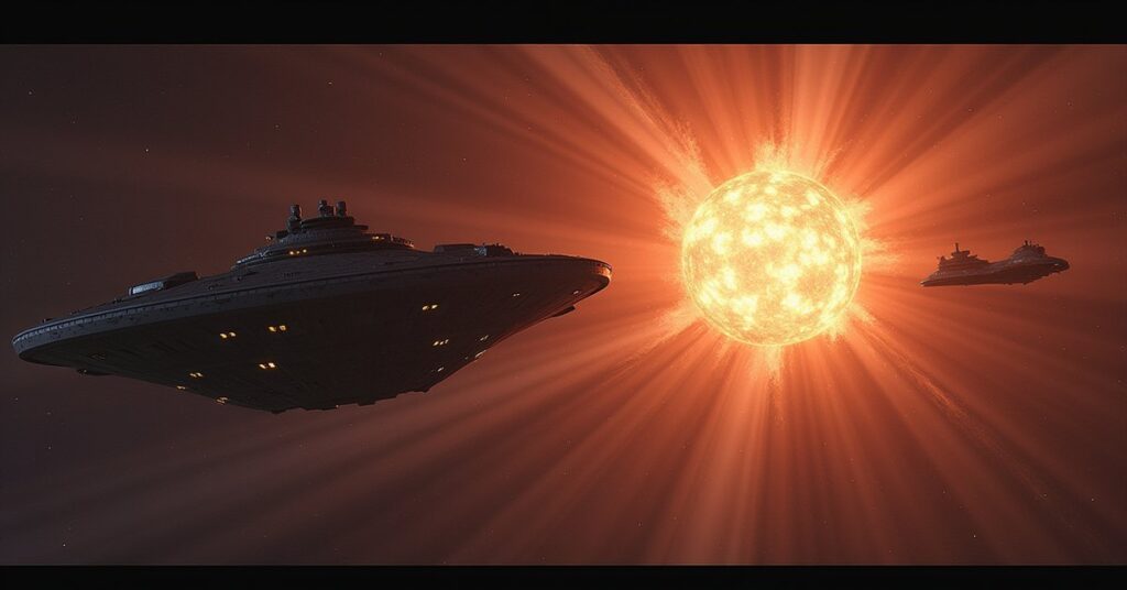 A rescue starship intercepting a Klingon warship beside a derelict colony ship in Star Trek Fleet Command