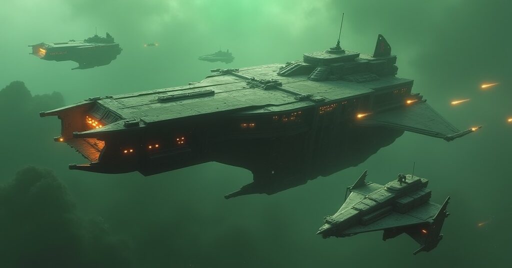 A Klingon ship approaching a Romulan research facility as a guard warbird intercepts in Star Trek Fleet Command