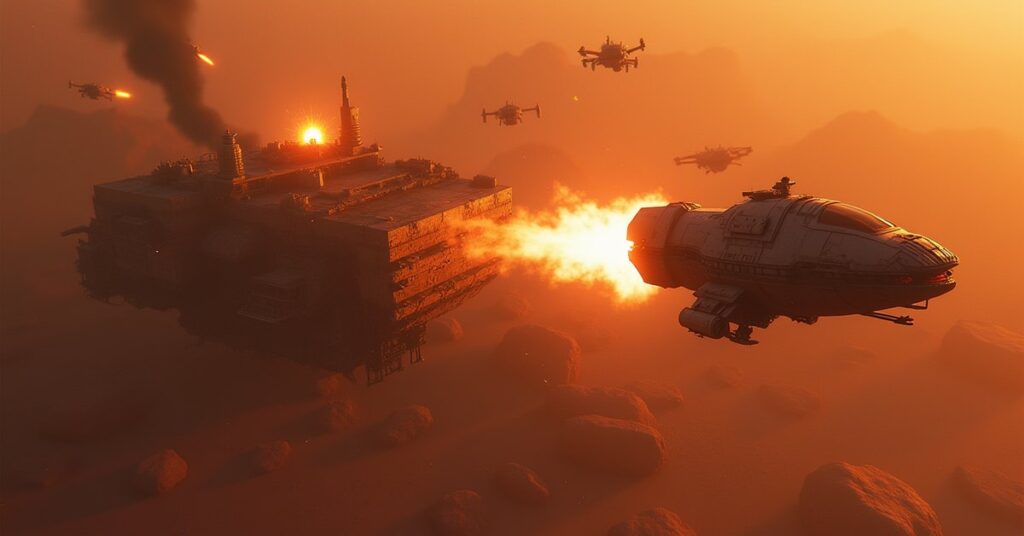 A raider ship attacking an Independent mining platform in an asteroid field in Star Trek Fleet Command