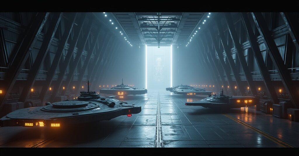 A cavernous station hangar lined with docked starships under bright floodlights