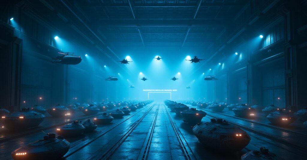 A vast station hangar bay full of docked starships under blue lights in Star Trek Fleet Command