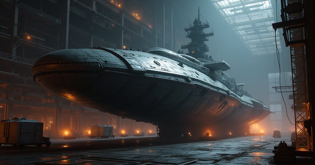 A huge orbital shipyard builds a new starship hull under scaffolding and welding lights