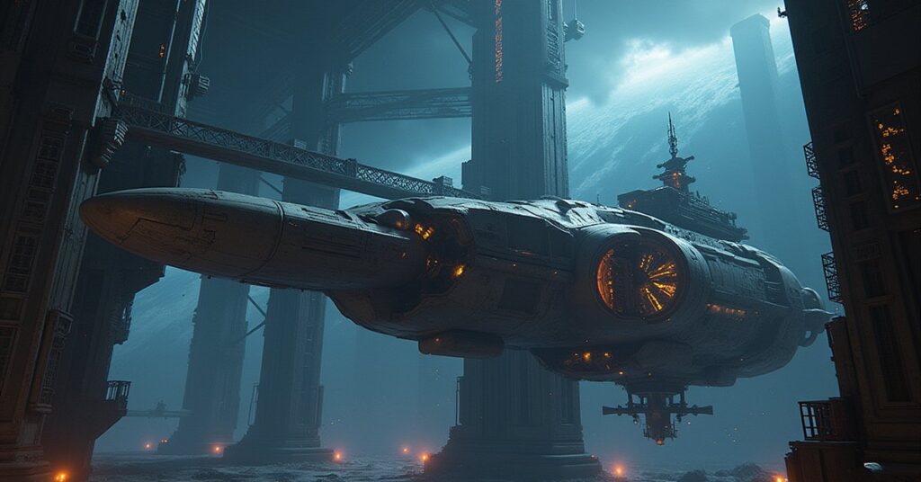 Drones upgrading a space station shipyard around a half-built starship in Star Trek Fleet Command