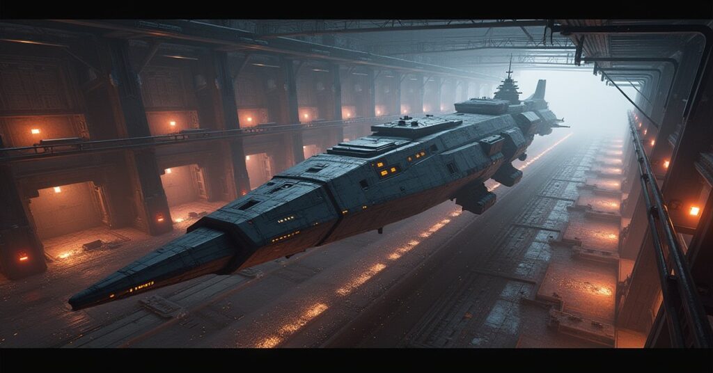 A massive orbital shipyard building four different starships in Star Trek Fleet Command