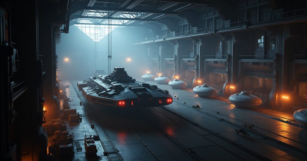 A colossal orbital shipyard assembling advanced starship hulls in Star Trek Fleet Command