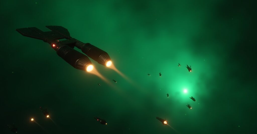 Federation starships launching a surprise strike on Romulan patrol ships in Star Trek Fleet Command