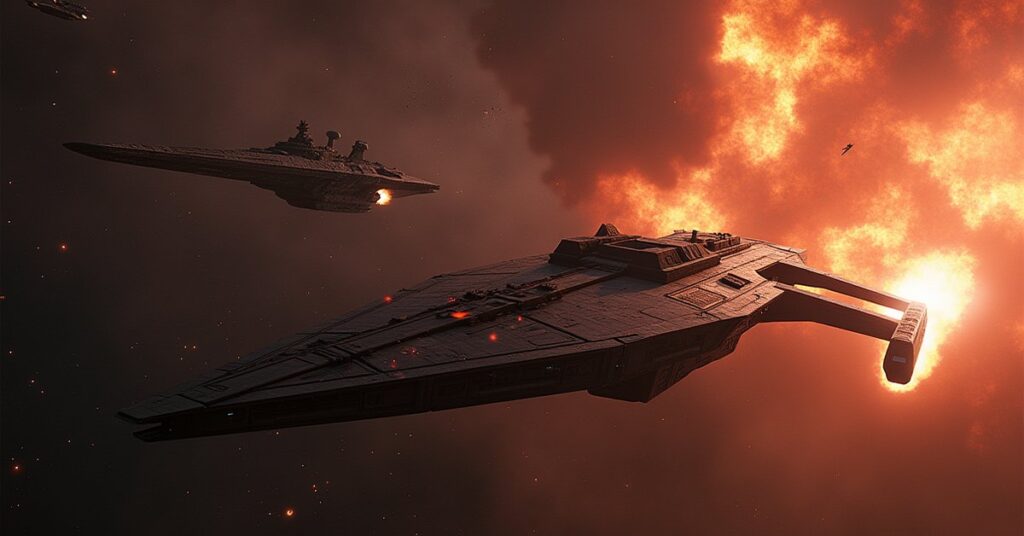 Klingon warships bombard a Federation space station as a damaged starship drifts nearby in Star Trek Fleet Command