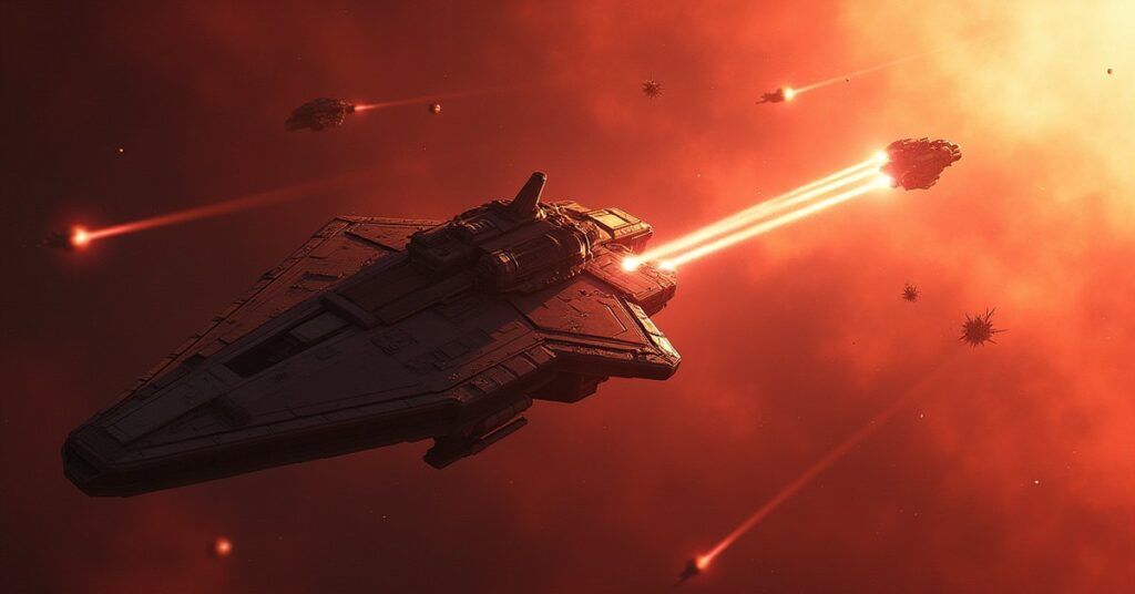 A starship chasing a fleeing courier ship through a red star system in Star Trek Fleet Command