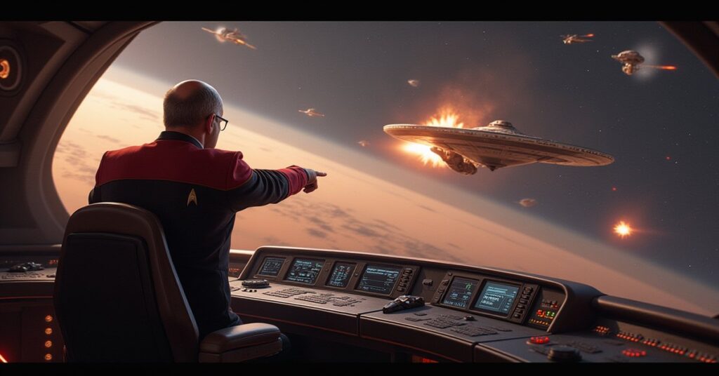 A Starfleet liaison points at a Klingon warship above a frontier trading colony in Star Trek Fleet Command