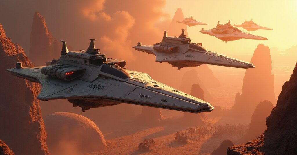 Two Klingon warships dueling above a rocky planet as other ships watch the tournament