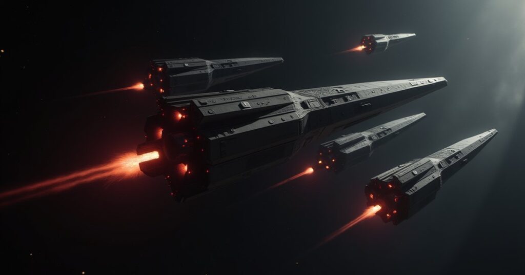 A Romulan warbird defends a hidden base as hostile ships close in over a dark planet