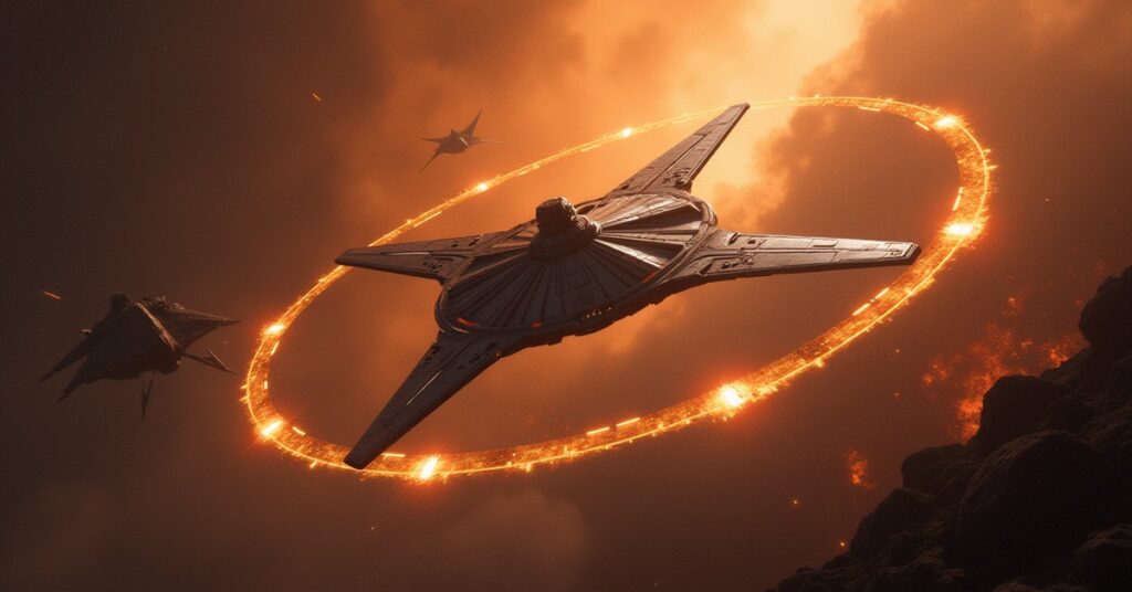 Klingon Birds-of-Prey surrounding a starship as a glowing force field forms in Star Trek Fleet Command