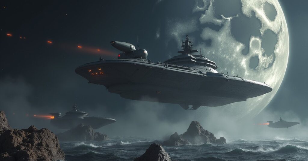 A damaged Starfleet ship ambushing from behind a moon near wreckage in Star Trek Fleet Command